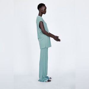 NEW WITH TAGS Zara Ribbed Knit Wide Leg Lounge Pants Aqua Small